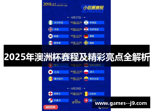 2025年澳洲杯赛程及精彩亮点全解析