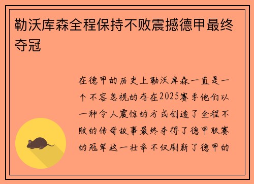 勒沃库森全程保持不败震撼德甲最终夺冠