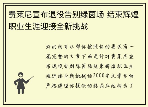 费莱尼宣布退役告别绿茵场 结束辉煌职业生涯迎接全新挑战